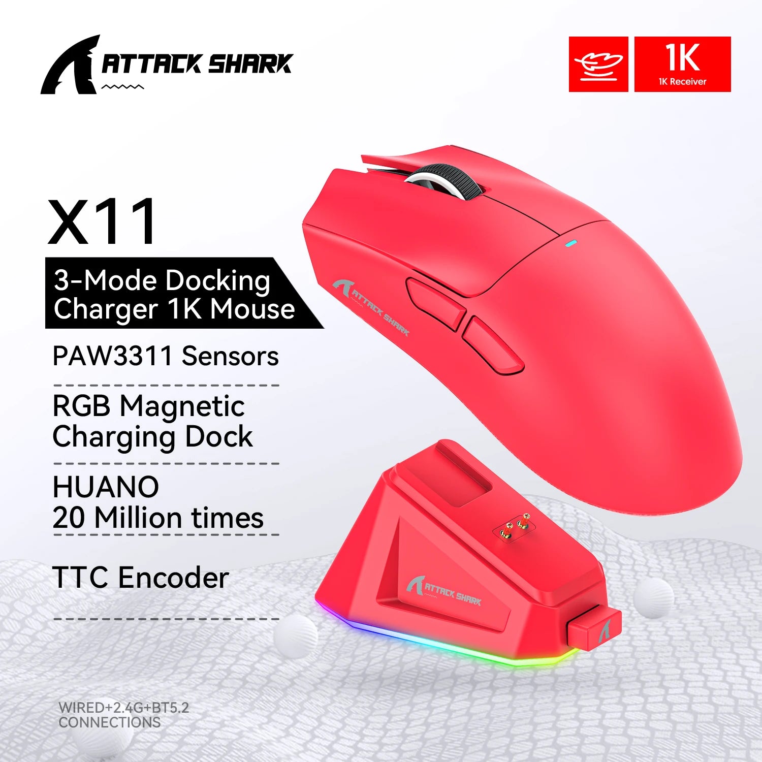 R1 X11 Wireless Gaming Mouse, 18K DPI PAW3311, Tri-Mode Bluetooth/2.4Ghz/Wired, Lightweight, Macro Gaming Mouse