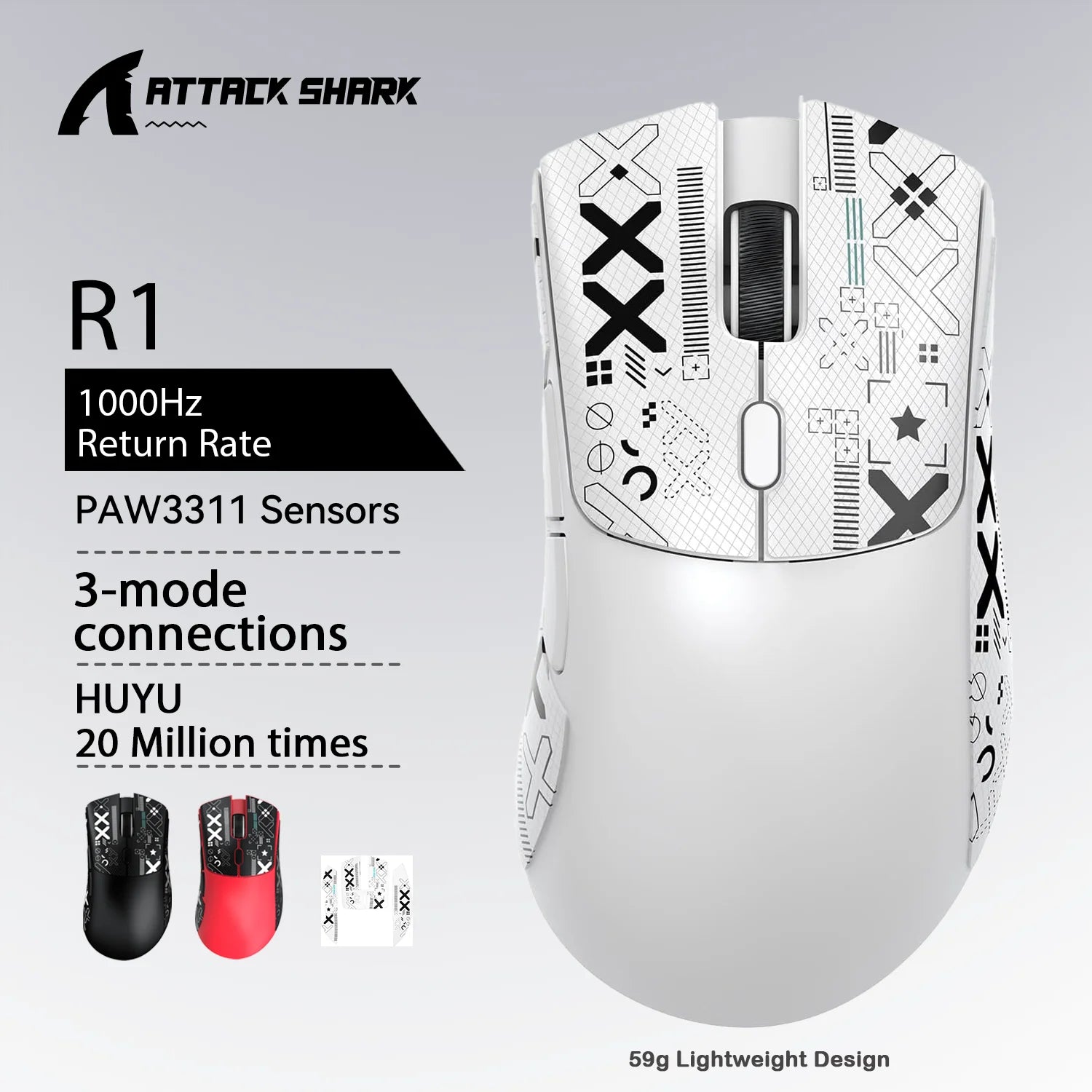 R1 X11 Wireless Gaming Mouse, 18K DPI PAW3311, Tri-Mode Bluetooth/2.4Ghz/Wired, Lightweight, Macro Gaming Mouse