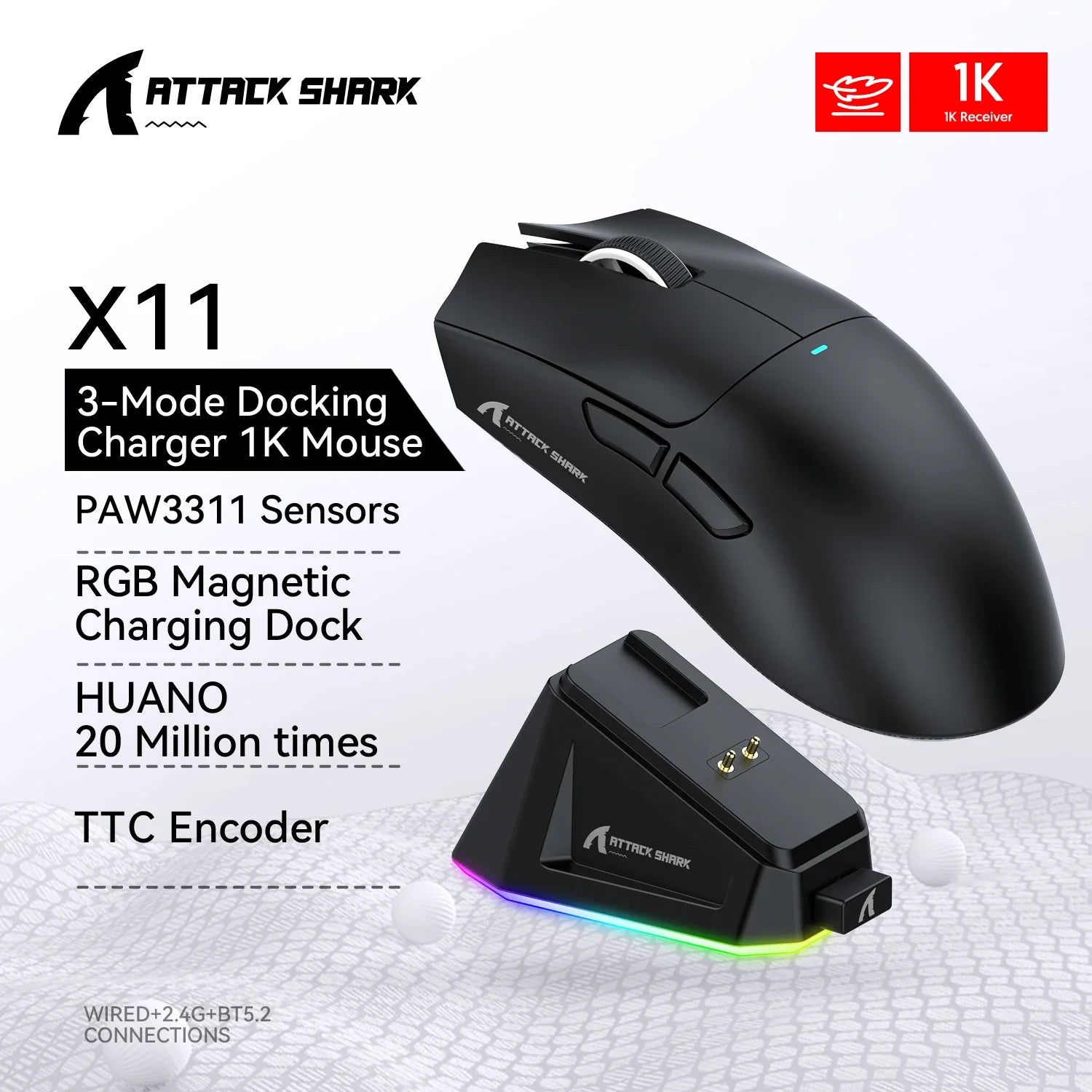 R1 X11 Wireless Gaming Mouse, 18K DPI PAW3311, Tri-Mode Bluetooth/2.4Ghz/Wired, Lightweight, Macro Gaming Mouse