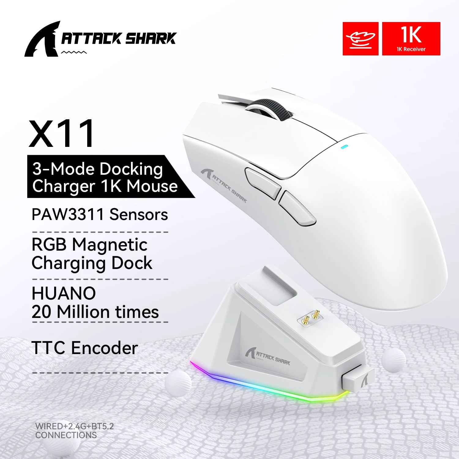 R1 X11 Wireless Gaming Mouse, 18K DPI PAW3311, Tri-Mode Bluetooth/2.4Ghz/Wired, Lightweight, Macro Gaming Mouse